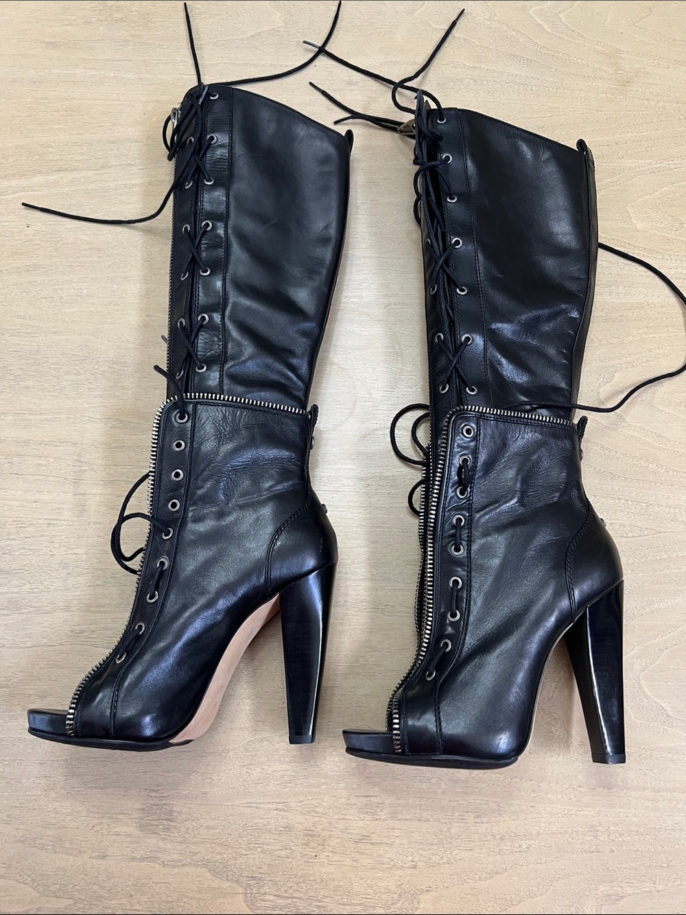 Alexander Wang Black Lace-Up Peep-Toe High Heel Boots - Picture 2 of 15